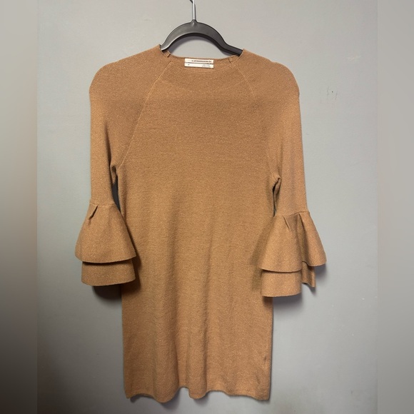 Anthropologie Claudette Ruffled Sweater Dress in Tan/Gold Size XS Retail $130 - Picture 3 of 5